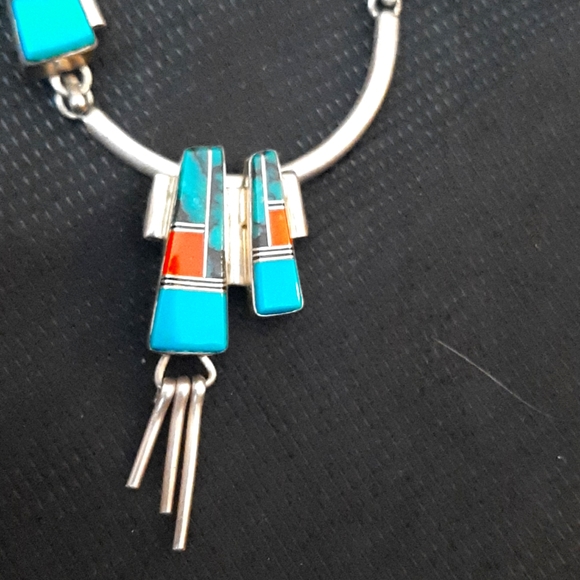 1980s Zuni sterling inlaid turquoise necklace, signed JJ - Picture 2 of 3